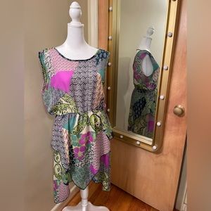 Romeo & Juliet Couture Purple Green Blue Print Handkerchief Sleeveless Dress Lrg